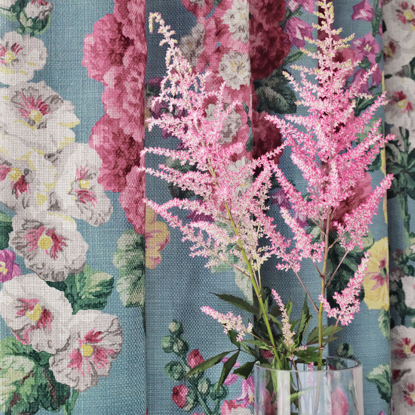 Hollyhocks Mint/Pink Fabric by SAN